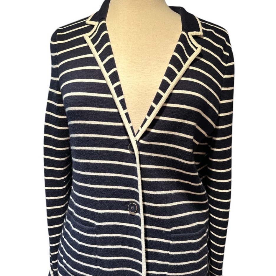 Nautical Striped Blazer Knit Single Breasted Pockets M Dark Navy + Ivory White